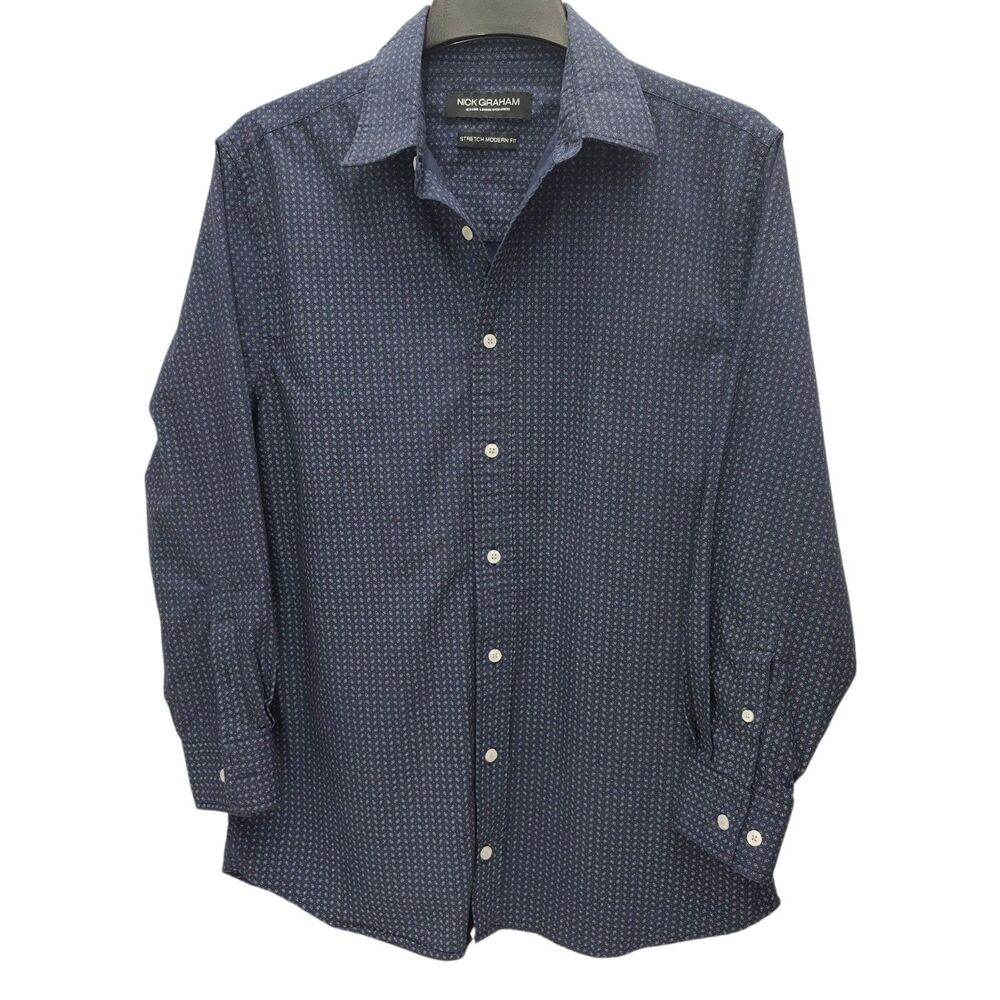 Nick Graham Button Up Shirt Mens Large 16-16.5 Blue Paisley Stretch Modern Fit